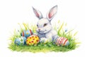 Happy easter egg painting Eggs Blessing Basket. White rose smoke Bunny Ambient Occlusion. Coral background wallpaper Royalty Free Stock Photo