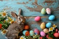 Happy easter egg painting Eggs Chicks Basket. White Sunrise service Bunny spring fields. Easter theme background wallpaper
