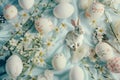 Happy easter Egg rolling Eggs Egg ornaments Basket. White Coastal bloom Bunny Flowers. Easter egg painting background wallpaper Royalty Free Stock Photo