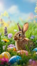 Happy Easter. Egghunt on spring meadow full of colorful blossmoming flowers and painted eggs. Royalty Free Stock Photo