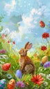 Happy Easter. Egghunt on spring meadow full of colorful blossmoming flowers and painted eggs. Royalty Free Stock Photo