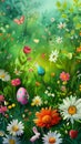 Happy Easter. Egghunt on spring meadow full of colorful blossmoming flowers and painted eggs. Royalty Free Stock Photo