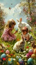 Happy Easter. Egghunt on spring meadow full of colorful blossmoming flowers and painted eggs. Royalty Free Stock Photo