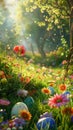 Happy Easter. Egghunt on spring meadow full of colorful blossmoming flowers and painted eggs. Royalty Free Stock Photo