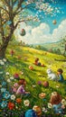 Happy Easter. Egghunt on spring meadow full of colorful blossmoming flowers and painted eggs. Royalty Free Stock Photo