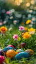 Happy Easter. Egghunt on spring meadow full of colorful blossmoming flowers and painted eggs. Royalty Free Stock Photo