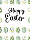 Happy Easter. Stylish trendy vertical card with cute painted eggs in blue and yellow colors in a modern design Royalty Free Stock Photo