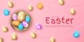 Happy easter eggs, april poster template. Spring table with cute holiday golden decorative elements in basket, green Royalty Free Stock Photo