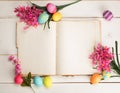 Happy Easter Eggs Card with open book and blank paper pages with room or space for copy, text, wording, all on shabby chic shiplap Royalty Free Stock Photo