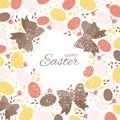 Happy Easter eggs. Colorful Bow and flowers. Circle Space for text. Royalty Free Stock Photo