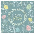 Happy Easter eggs composition hand drawn branches, flowers, wreath. Vector illustration