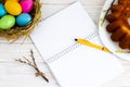happy Easter easter eggs, cupcake. place for text in the form of a notepad and pen Royalty Free Stock Photo