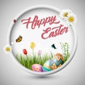 Happy easter eggs with flowers tulip and butterfly on circle frame background Royalty Free Stock Photo