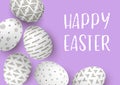 Happy Easter eggs frame with text. White easter eggs with monochrome simple decoration on purple Royalty Free Stock Photo