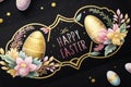 happy easter, easter eggs, golden eggs, golden flowers, golden easter purple easter, easter design