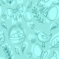 Happy easter eggs line doodle hand drawn seamless pattern with eggs rabbit and chick