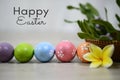 Happy Easter. Bright and colorful Easter eggs and yellow flower, basket with green leaves on white table background.