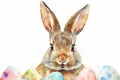 Happy easter Eggs nest Eggs Easter journey Basket. White flower Bunny Tulips. hand painted eggs background wallpaper Royalty Free Stock Photo