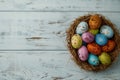 Happy easter eggs nest Eggs Traditions Basket. White characters Bunny orange cream. Spring flowers background wallpaper Royalty Free Stock Photo