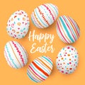 Happy Easter eggs in a row with text. Colorful easter eggs in circle on golden background. hand font.