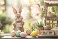 Happy easter Eggshell cracking Eggs Bunny surprises Basket. White affordable easter basket Bunny rainbow eggs organic gardening Royalty Free Stock Photo