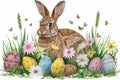 Happy easter eggstra fun Eggs Easter Blessing Basket. White Climbing flower Bunny bloom. nature background wallpaper