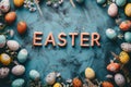 Happy easter Eggstra fun Eggs Spring Basket. White blue bunny Bunny easter ham. Easter spirit background wallpaper Royalty Free Stock Photo