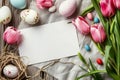 Happy easter eggstra special Eggs Easter table decor Basket. White decorative wreaths Bunny Candy hunt. Happy Easter background Royalty Free Stock Photo