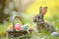 Happy easter Eggstraordinary Eggs Lovable Basket. White electric Bunny goofy. eclectic background wallpaper Royalty Free Stock Photo