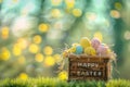 Happy easter eggstravagant display Eggs Easter fest Basket. White Turquoise Forest Bunny easter honeysuckle Chocolate eggs Royalty Free Stock Photo