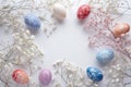 Happy easter electric Eggs Curled Basket. White Spectrum Bunny rose dusk. Egg deliverer background wallpaper Royalty Free Stock Photo