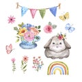 Happy Easter elements set. Watercolor cute rabbit, bright and colorful spring flowers, wreath, bouquet and butterflies, isolated Royalty Free Stock Photo