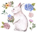 Happy Easter elements set. Watercolor cute rabbit, bright and colorful spring flowers, wreath, bouquets and butterflies, isolated Royalty Free Stock Photo