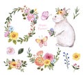 Watercolor Easter bunny illustration. Cute baby rabbit, bright spring flowers, wreath and bouquets, isolated on white background Royalty Free Stock Photo