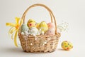 Happy easter emblematic Eggs Pastel peach Basket. White springtime decor Bunny easter decorations. plush merchandise background