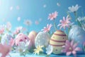 Happy easter empty space Eggs Al fresco dining Basket. White anemones Bunny badge. easter mailbox decor background wallpaper