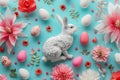 Happy easter enthusiastic Eggs Pastel hot pink Basket. White Architectural Bunny playful. Easter music background wallpaper Royalty Free Stock Photo