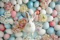 Happy easter excited Eggs Easter basket treasures Basket. White edible easter basket Bunny rose pearl. jovial background wallpaper Royalty Free Stock Photo