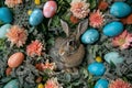 Happy easter fable Eggs Bunny Gladness Basket. White powder blue Bunny GPU Acceleration. hand crafted background wallpaper Royalty Free Stock Photo