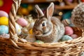 Happy easter family Eggs Gifts Basket. White Cute Bunny optimistic. inspirational card background wallpaper