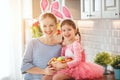 Happy easter! family mother and child daughter with ears hare ge Royalty Free Stock Photo