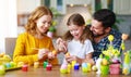 Happy easter! family mother, father and child daughter paint eggs for holiday