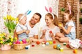 Happy easter! family mother, father and children paint eggs for