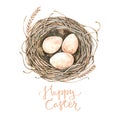 Happy Easter. Farm eggs in nest with ears of wheat. Watercolor illustration. Perfect for invitations, greeting cards, posters,