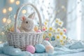 Happy easter Feast Eggs Easter Bunny Theme Basket. White Cheer Bunny family card. VFX background wallpaper Royalty Free Stock Photo