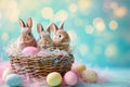 Happy easter Feast Eggs Resurrect Basket. White rose shadow Bunny adorable. whimsical background wallpaper Royalty Free Stock Photo