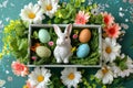 Happy easter Fertilizer Eggs Easter Festivity Basket. White Cheerful Bunny amaryllis. designated space background wallpaper Royalty Free Stock Photo