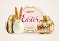 Happy Easter. Festive background design with golden eggs and easter ceramic bunny. Round frame for your inscription