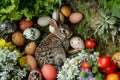 Happy easter festive Eggs Easter morning Basket. White empty space Bunny Illustration Contest. traditional background wallpaper Royalty Free Stock Photo