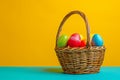 Happy easter festive Eggs Easter egg surprise Basket. White vintage Bunny Easter Monday festivals. visualization background Royalty Free Stock Photo